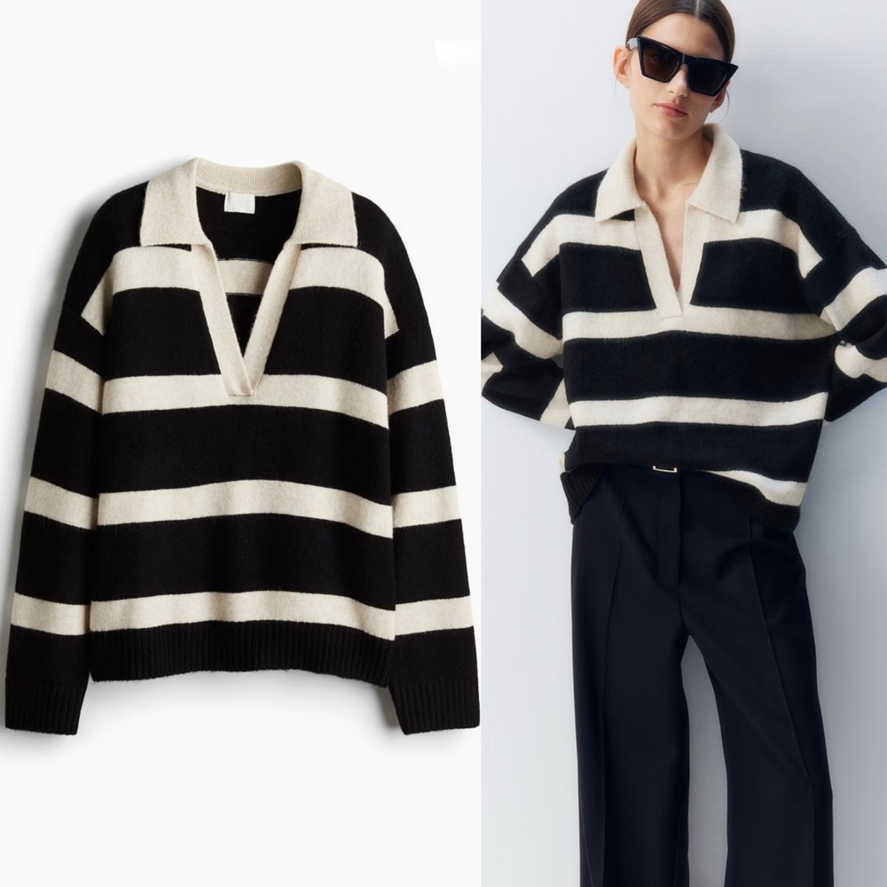 Black/White Fine Knit Collared Sweater (M)
